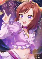 Rule 34 | 1girl, absurdres, birthday, blush, breasts, commentary, finger gun, fireworks, highres, jewelry, kyaku tasu, looking at viewer, love live!, love live! school idol project, medium hair, midriff, navel, necklace, nishikino maki, purple eyes, red hair, signature, small breasts, smile, solo, sparkle, swept bangs, tiara, upper body
