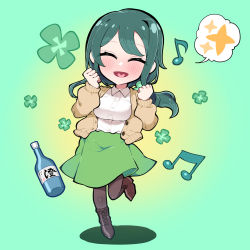 Rule 34 | 1girl, :d, alcohol, beamed eighth notes, black pantyhose, blush, bottle, breasts, brown jacket, chibi, clenched hand, closed eyes, clover hair ornament, eighth note, facing viewer, gradient background, green background, green hair, green skirt, hair ornament, highres, indie virtual youtuber, jacket, long sleeves, medium breasts, music, musical note, open mouth, pantyhose, shirt, simple background, singing, skirt, smile, solo, spoken sparkle, standing, standing on one leg, sumi suya, sunao na kapipara, tongue, virtual youtuber, white shirt