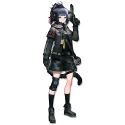 Rule 34 | 1girl, animal ears, ankle boots, arknights, bag, belt, black footwear, black gloves, black shirt, black shorts, black socks, blue hair, blush, boots, breasts, cat ears, cat tail, choker, finger on trigger, full body, gloves, green eyes, grey jacket, gun, headphones, headset, heibaise jiangshi, high ponytail, holding, holding gun, holding weapon, hood, hood down, hooded jacket, jacket, jessica (arknights), knee pads, long hair, looking at viewer, multicolored hair, official art, open clothes, open jacket, ponytail, purple hair, shirt, shorts, shoulder bag, sidelocks, single knee pad, socks, solo, tachi-e, tail, thigh strap, transparent background, weapon, weapon request