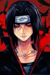 Rule 34 | 1boy, bird, black coat, black hair, closed mouth, coat, crow, headband, high collar, hungry clicker, jewelry, looking at viewer, male focus, naruto, naruto (series), necklace, red background, red eyes, sharingan, solo, uchiha itachi, upper body