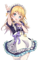 Rule 34 | 1girl, apron, arm up, black choker, black dress, blonde hair, blue eyes, blush, bow, breasts, character name, choker, cleavage, cleavage cutout, clothing cutout, cowboy shot, cross tie, dress, earrings, frilled apron, frilled choker, frilled dress, frills, hachimiya meguru, hand up, highres, idolmaster, idolmaster shiny colors, jadeqilin, jewelry, large breasts, long hair, looking at viewer, maid, maid headdress, name tag, open hand, open mouth, polka dot, polka dot bow, polka dot ribbon, purple bow, purple ribbon, ribbon, scrunchie, short sleeves, simple background, smile, solo, standing, star (symbol), star earrings, thighhighs, twintails, v-shaped eyebrows, waist apron, white apron, white background, white scrunchie, white thighhighs, wrist ribbon, wrist scrunchie, zettai ryouiki