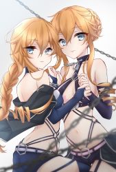 Rule 34 | 2girls, bare shoulders, blue eyes, braid, breasts, chain, closed mouth, commentary request, cowboy shot, date a live, drill hair, expressionless, hair between eyes, highres, holding hands, long hair, looking at viewer, multiple girls, navel, orange hair, siblings, sidelocks, sisters, tachibana (phrn7385), twins, yamai kaguya, yamai yuzuru