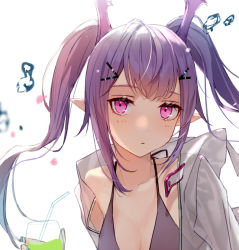 Rule 34 | 1girl, arknights, bad id, bad twitter id, bikini, breasts, cleavage, cup, drinking glass, drinking straw, grey bikini, hair ornament, hairclip, head wings, holding, holding cup, jacket, long hair, looking at viewer, manticore (arknights), medium breasts, open clothes, open jacket, pink eyes, pointy ears, purple hair, s2rid, simple background, solo, swimsuit, twintails, white background, white jacket, wings