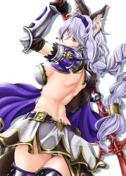 Rule 34 | 10s, 1girl, animal ears, armor, armored boots, ass, belt, bikini armor, blue hair, boots, braid, breasts, capelet, cowboy shot, couter, earrings, erune, fur, gloves, granblue fantasy, hairband, heles, jewelry, kimura neito, long hair, looking back, low-tied long hair, miniskirt, panties, pantyshot, pauldrons, shoulder armor, shoulder blades, sideboob, silver hair, simple background, single braid, skirt, solo, thighhighs, underwear, vambraces, very long hair, weapon, white background, yellow eyes
