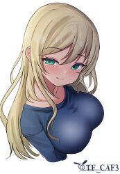 Rule 34 | 1girl, alternate costume, atago (kancolle), blonde hair, blue shirt, blush, breasts, collarbone, green eyes, highres, kantai collection, large breasts, long hair, looking at viewer, one-hour drawing challenge, shirt, solo, tf cafe, twitter username, upper body, white background