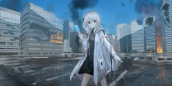 Rule 34 | 1girl, :d, absurdres, aircraft, airplane, black skirt, blue sky, building, burning, burning building, car, character name, chihuri, commentary, damaged, day, english commentary, fire, food, grey eyes, grey hair, grey shirt, hair between eyes, highres, holding, holding food, ice cream, jacket, long hair, long sleeves, motor vehicle, one side up, open clothes, open jacket, open mouth, outdoors, reflection, road, ruins, shirt, skirt, sky, smile, smoke, solo, standing, street, vocaloid, water, white jacket