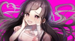 Rule 34 | 1girl, apron, bandaged arm, bandages, blush, brown eyes, brown hair, commentary, danganronpa (series), danganronpa 2: goodbye despair, floating hair, hands on own cheeks, hands on own face, heart, heart-shaped pupils, highres, long hair, looking at viewer, mdr (mdrmdr1003), open mouth, pink background, pink shirt, portrait, puffy short sleeves, puffy sleeves, shirt, short sleeves, smile, solo, symbol-only commentary, symbol-shaped pupils, teeth, tsumiki mikan, upper teeth only, white apron