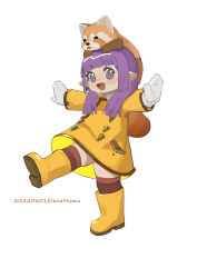 Rule 34 | 1girl, absurdres, animal, animal on head, balancing, boots, coat, elena zao, final fantasy, final fantasy xiv, flat chest, full body, gloves, highres, lalafell, long bangs, medium hair, on head, pointy ears, purple eyes, purple hair, raincoat, red panda, red socks, rubber boots, signature, simple background, smile, socks, solo, standing, standing on one leg, walking, warrior of light (ff14), white background, white gloves, yellow coat, yellow footwear