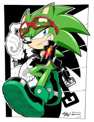 Rule 34 | 1boy, adjusting eyewear, black jacket, blue eyes, collaboration, eggtoastdraws, furry, furry male, gloves, green fur, grin, highres, jacket, looking at viewer, monochrome background, open clothes, open jacket, red-framed eyewear, scourge the hedgehog, shoes, signature, smile, solo, sonic (series), sonic the hedgehog (archie comics), sunglasses, teeth, tracy yardley, white gloves