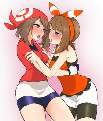 Rule 34 | 2girls, after kiss, bandana, bike shorts, bike shorts under shorts, blue eyes, blush, bow, bow hairband, breasts, brown hair, commentary, creatures (company), dual persona, eye contact, game freak, gloves, gradient background, hair bow, hairband, highres, looking at another, may (pokemon), medium breasts, multiple girls, nintendo, open mouth, orange bow, orange hairband, orange shirt, pokemon, pokemon oras, pokemon rse, red bandana, red shirt, saliva, saliva trail, selfcest, shirt, shorts, sleeveless, sleeveless shirt, tongue, tongue out, vanishingknife, white shorts, yuri