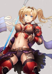 Rule 34 | 1girl, apron, arm guards, armor, bad id, bad pixiv id, belt, belt buckle, black hairband, black shorts, black thighhighs, blonde hair, blue eyes, boots, breasts, brown gloves, buckle, cleavage, from below, gloves, granblue fantasy, grey background, groin, hairband, holding, holding staff, kyoeiki, large breasts, legs apart, light particles, long hair, looking at viewer, looking down, navel, parted lips, red footwear, shawl, short shorts, shorts, simple background, smile, solo, staff, standing, stomach, swimsuit, thigh boots, thighhighs, thighhighs under boots, toned, twintails, v-shaped eyebrows, waist apron, zeta (granblue fantasy)