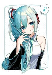 Rule 34 | :q, black sleeves, blue eyes, blue hair, blue nails, blue necktie, blush, breasts, closed mouth, collared shirt, cropped torso, detached sleeves, eighth note, hair between eyes, hand up, hatsune miku, hatsune miku (noodle stopper), head tilt, highres, long hair, long sleeves, musical note, nail polish, necktie, polka dot, polka dot background, shirt, side ponytail, signature, simple background, sleeveless, sleeveless shirt, small breasts, smile, sofra, spoken musical note, tongue, tongue out, twitter username, upper body, very long hair, vocaloid, white background, white shirt, wide sleeves
