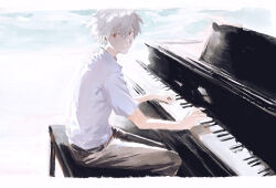 1boy 7ife commentary english_commentary highres instrument music nagisa_kaworu neon_genesis_evangelion piano playing_instrument red_eyes shirt short_hair solo water white_hair white_shirt