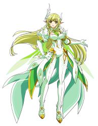 Rule 34 | 1girl, bodysuit, breasts, cleavage, daybreaker (elsword), elbow gloves, elsword, full body, gloves, green eyes, green hair, green necktie, green wings, hand on own hip, hand up, highres, large breasts, legs, light green hair, long hair, looking at viewer, necktie, official art, pointy ears, rena erindel, simple background, skin tight, smile, solo, thigh gap, transparent background, weapon, white background, white bodysuit, white gloves, wings