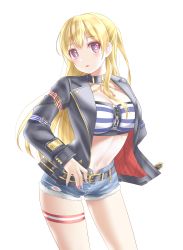 Rule 34 | 1girl, bandeau, bang dream!, belt, black belt, black choker, blonde hair, blush, breasts, chain, choker, cleavage, commentary request, commission, cosplay, cowboy shot, cutoffs, denim, denim shorts, gold chain, gold city (umamusume), gold city (umamusume) (cosplay), hair between eyes, half updo, highres, jacket, leather, leather jacket, long hair, long sleeves, looking at viewer, medium breasts, midriff, multicolored nails, nail polish, navel, open clothes, open jacket, open mouth, pixiv commission, purple eyes, purple nails, red nails, shirasagi chisato, short shorts, shorts, sidelocks, simple background, solo, standing, striped bandeau, thigh strap, totoshion, umamusume, white background