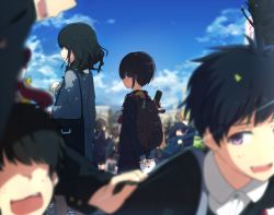 Rule 34 | 2boys, 6+girls, arms behind back, backpack, bad id, bad twitter id, bag, black hair, blonde hair, blue eyes, blue skirt, blue sky, blurry, blush, brown hair, cardigan, closed eyes, cloud, cloudy sky, day, depth of field, from side, hair over one eye, highres, hug, letter, looking at viewer, looking back, love letter, multiple boys, multiple girls, neckerchief, no eyes, ogipote, open mouth, original, out of frame, outdoors, profile, purple eyes, red neckerchief, school uniform, serafuku, short hair, skirt, sky, sleeves past wrists, smile, smock, solo focus, wavy hair