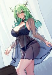 Rule 34 | 1girl, absurdres, antlers, black panties, breasts, ceres fauna, cleavage, flower, green hair, hair flower, hair ornament, hashtag-only commentary, highres, hololive, hololive english, horns, large breasts, long hair, mole, mole under eye, navel, nightgown, nokaa aru, panties, see-through, see-through sleeves, smile, underwear, virtual youtuber, yellow eyes