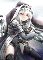 Rule 34 | 1girl, arknights, bad id, bad pixiv id, black dress, black thighhighs, buckle, closed mouth, cowboy shot, dress, garter straps, habit, hair between eyes, highres, holding, holding weapon, jewelry, long hair, long sleeves, looking at viewer, necklace, nun, off-shoulder dress, off shoulder, pelvic curtain, red eyes, serious, silver hair, solo, specter (arknights), thighhighs, twitter username, very long hair, weapon, yokaze (yokajie)