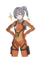 Rule 34 | 1girl, bodysuit, chest harness, clenched hands, commentary, covered navel, cowboy shot, emblem, grey eyes, grey hair, hands on own hips, harness, highres, looking at viewer, nainainainainaiya, nanami: starfarer (night navigator) (punishing: gray raven), nanami (punishing: gray raven), orange bodysuit, pilot suit, pouch, punishing: gray raven, short hair, side ponytail, simple background, skin tight, solo, standing, star (symbol), thigh pouch, thigh strap, white background