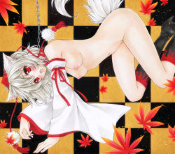 Rule 34 | 1girl, 6kusa, all fours, animal ears, bad id, bad nicoseiga id, boots, breasts, chain, checkered background, collar, detached sleeves, female focus, inubashiri momiji, nipples, nude, open mouth, red eyes, short hair, silver hair, solo, tail, touhou, wolf ears, wolf tail