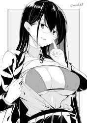 Rule 34 | 1girl, bikini, breasts, glasses, greyscale, index finger raised, jacket, kichihachi, large breasts, long hair, looking at viewer, monochrome, open clothes, open jacket, open mouth, original, shirt, solo, swimsuit, twitter username