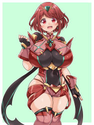 Rule 34 | 1girl, absurdres, black gloves, breasts, chest jewel, earrings, fingerless gloves, gem, gloves, headpiece, highres, huge breasts, jewelry, kurokaze no sora, pyra (xenoblade), red eyes, red hair, red shorts, red thighhighs, short hair, short shorts, shorts, solo, swept bangs, thighhighs, tiara, xenoblade chronicles (series), xenoblade chronicles 2