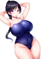 Rule 34 | 1girl, armpits, arms behind head, arms up, black hair, blue one-piece swimsuit, breasts, character request, copyright request, covered navel, cowboy shot, curvy, hair tie in mouth, highres, huge breasts, long hair, looking at viewer, mouth hold, one-piece swimsuit, ponytail, purple eyes, simple background, solo, standing, swimsuit, thick thighs, thighs, tsukumiya amane, white background, wide hips