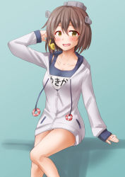 Rule 34 | 1girl, anti (untea9), bare legs, blue one-piece swimsuit, blush, breasts, brown eyes, brown hair, collarbone, cowboy shot, gradient background, green background, hair between eyes, headgear, highres, hood, hooded jacket, jacket, jewelry, kantai collection, long sleeves, name tag, official alternate costume, old school swimsuit, one-piece swimsuit, open mouth, ring, school swimsuit, short hair, sitting, small breasts, smile, solo, speaking tube headset, swimsuit, swimsuit under clothes, track suit, wedding band, white jacket, yukikaze (kancolle)