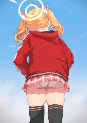 Rule 34 | 1girl, ass, black thighhighs, blonde hair, blue archive, blue sky, feet out of frame, from behind, gojarun, halo, highres, hood, hooded jacket, jacket, miniskirt, panties, pantyshot, pink skirt, plaid, plaid skirt, pleated skirt, red jacket, school uniform, skindentation, skirt, sky, solo, thighhighs, twintails, twitter username, underwear, white panties, yoshimi (blue archive)
