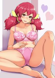 Rule 34 | 10s, 1girl, :p, against wall, aikatsu! (series), aikatsu friends!, asuka mirai (aikatsu friends!), barefoot, blush, bow, bow bra, bow panties, bra, breasts, closed mouth, collarbone, crotch seam, floral print, hair ribbon, half-closed eyes, hand on own stomach, head tilt, heart, lace, lace-trimmed bra, lace trim, large breasts, legs, light blush, long hair, looking at viewer, navel, panties, pink bra, pink panties, print bra, print panties, red hair, ribbon, shadow, sitting, smile, solo, spread legs, tongue, tongue out, twintails, tyranu, underwear, underwear only, yellow ribbon