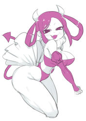 Rule 34 | 1girl, :d, bare shoulders, blush, bow, breasts, cleavage, copyright request, cropped legs, demon girl, demon horns, demon tail, detached sleeves, fang, from side, highleg, highleg leotard, horns, interlocked fingers, juliet sleeves, large breasts, leotard, long sleeves, looking at viewer, monochrome, open mouth, own hands together, parted bangs, puffy sleeves, purple theme, sakurai energy, simple background, smile, solo, tail, thick thighs, thighs, twintails, white background