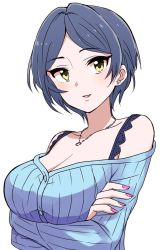 Rule 34 | 10s, 1girl, blue hair, blue sweater, breast hold, breasts, cleavage, collarbone, crossed arms, eyelashes, hayami kanade, idolmaster, idolmaster cinderella girls, jewelry, keikesu, large breasts, looking at viewer, looking to the side, nail polish, necklace, off shoulder, parted lips, pink nails, ribbed sweater, simple background, smile, solo, sweater, white background, yellow eyes