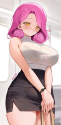 Rule 34 | 1girl, :/, artist name, black skirt, blush, bra visible through clothes, breasts, closed mouth, commentary, cowboy shot, curly hair, eden (shiroki yuutsu), english commentary, flower-shaped hair, heart, high-waist skirt, highres, large breasts, medium hair, original, pencil skirt, pink hair, ribbed shirt, shirt, shirt tucked in, skirt, sleeveless, sleeveless shirt, solo, standing, train interior, turtleneck, turtleneck shirt, v arms, vanilla (eden (shiroki yuutsu)), watch, white shirt, wristwatch, yellow eyes