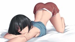 Rule 34 | 1girl, back, bad perspective, bare shoulders, barefoot, bed sheet, bent over, black hair, blue tank top, brown eyes, hair between eyes, hair ornament, hair over one eye, hairclip, half-closed eyes, highres, jitome, one eye covered, original, red shorts, rev60, short hair, short shorts, shorts, simple background, sleeveless, solo, tank top, top-down bottom-up, white background