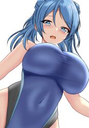 Rule 34 | 1girl, black one-piece swimsuit, blue eyes, blue hair, blue one-piece swimsuit, blush, breasts, competition swimsuit, covered navel, dated, double bun, hair bun, highleg, highleg swimsuit, highres, impossible clothes, impossible swimsuit, kantai collection, large breasts, looking at viewer, montemasa, multicolored clothes, multicolored swimsuit, one-hour drawing challenge, one-piece swimsuit, open mouth, simple background, smile, solo, swimsuit, twitter username, two-tone swimsuit, upper body, urakaze (kancolle), white background