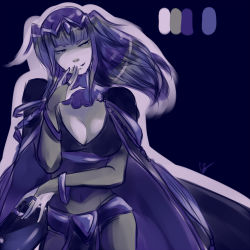 Rule 34 | 1girl, belt, black hair, blue background, bodysuit, bracelet, breasts, bridal gauntlets, cape, cleavage, color guide, dilaih, facing viewer, fire emblem, fire emblem awakening, hand on own face, hip focus, jewelry, limited palette, long hair, looking to the side, navel, nintendo, outline, signature, simple background, smirk, solo, tassel, tharja (fire emblem), tiara