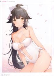 Rule 34 | 1girl, 6u (eternal land), absurdres, azur lane, black hair, bow, breasts, brown eyes, casual one-piece swimsuit, character name, clothing cutout, cowboy shot, criss-cross halter, gradient background, hair bow, hair flaps, halterneck, highres, long hair, looking at viewer, medium breasts, navel, navel cutout, one-piece swimsuit, ponytail, scan, see-through, simple background, sitting, solo, swimsuit, takao (azur lane), takao (beach rhapsody) (azur lane), thighs, very long hair, white bow, white one-piece swimsuit, yokozuwari