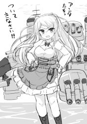 Rule 34 | 1girl, boots, breasts, cleavage cutout, clothing cutout, conte di cavour (kancolle), corset, dress, feet out of frame, frilled dress, frills, greyscale, junes, kantai collection, large breasts, long hair, long sleeves, looking at viewer, machinery, monochrome, solo, standing, translated, two side up
