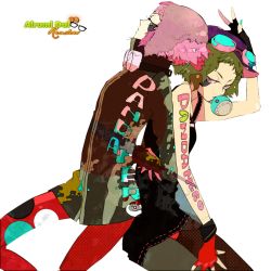 Rule 34 | baseball cap, chewing gum, goggles, goggles around neck, goggles on head, green eyes, green hair, gumi, hat, jacket, panda hero (vocaloid), pink eyes, pink hair, tank top, turtleneck, vocaloid