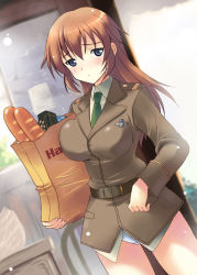 Rule 34 | 00s, 1girl, bad id, bad pixiv id, blush, breasts, charlotte e. yeager, groceries, kyogoku shin, large breasts, long hair, orange hair, panties, solo, strike witches, underwear, uniform, world witches series