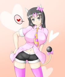 Rule 34 | 1girl, artist request, black eyes, black hair, black shorts, blouse, blush, bow, breasts, buttons, closed mouth, collared shirt, cow girl, cow tail, creatures (company), game freak, gen 2 pokemon, gradient background, grey eyes, hair bow, hand on own hip, heart, horn ornament, horns, huge breasts, humanization, long hair, looking at viewer, md5 mismatch, miltank, multicolored hair, navel, necktie, nintendo, open clothes, open shirt, orange background, personification, pink shirt, pink thighhighs, pokemon, print necktie, shirt, short shorts, short sleeves, shorts, simple background, sleeves rolled up, smile, solo, speech bubble, spoken heart, standing, streaked hair, tail, tail bow, tail ornament, thighhighs, unbuttoned, white horns, yellow necktie, zettai ryouiki