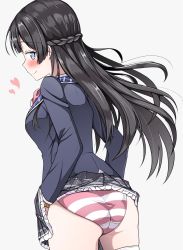 Rule 34 | 1girl, absurdres, ass, black eyes, black hair, black jacket, blazer, blush, braid, closed mouth, clothes lift, commentary request, cowboy shot, french braid, frilled skirt, frills, from behind, grey skirt, heart, highres, jacket, lifting own clothes, long hair, looking at viewer, looking back, miniskirt, nijisanji, panties, pink neckwear, pink panties, plaid, plaid skirt, pleated skirt, school uniform, simple background, skindentation, skirt, skirt lift, smile, solo, standing, striped clothes, striped panties, sweat, thighhighs, trista (makkoivenus), tsukino mito, tsukino mito (1st costume), underwear, virtual youtuber, white background, white thighhighs, wind
