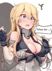 Rule 34 | 1girl, absurdres, artist name, baileys (tranquillity650), blonde hair, blue eyes, blush, breasts, cleavage, english text, front-tie top, hair between eyes, highres, iowa (kancolle), kantai collection, large breasts, long hair, motion lines, open mouth, signature, simple background, solo focus, speech bubble, star-shaped pupils, star (symbol), symbol-shaped pupils, twitter username, upper body, white background