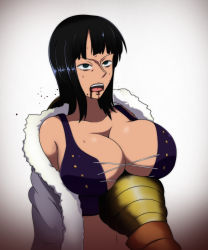 Rule 34 | 1boy, 1girl, black hair, blood, blush, breasts, cleavage, collarbone, crocodile (one piece), dying, haibokusha46, highres, impaled, large breasts, navel, nico robin, one piece, open mouth, snuff, upper body