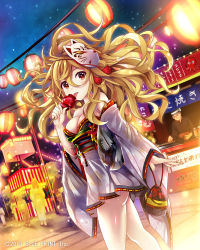Rule 34 | 2boys, 5girls, blonde hair, brown eyes, candy apple, company name, copyright request, dutch angle, festival, food, food stand, headband, highres, japanese clothes, kimono, lantern, licking, lights, mask, mask on head, multiple boys, multiple girls, night, night sky, official art, outdoors, paper lantern, pouch, sky, solo focus, standing, taicho128, takoyaki, white headband