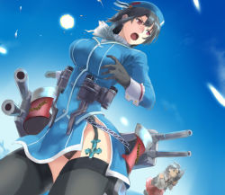 Rule 34 | 10s, 2girls, aircraft, airplane, binoculars, black eyes, black hair, breasts, chain, detached sleeves, from below, garter straps, gloves, hat, iwaya, kantai collection, large breasts, machinery, md5 mismatch, multiple girls, nagara (kancolle), open mouth, panties, pantyshot, personification, red eyes, resolution mismatch, source smaller, takao (kancolle), thighhighs, turret, underwear
