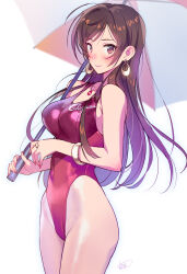 Rule 34 | 1girl, artist name, bare arms, bare shoulders, blush, bracelet, breasts, brown eyes, brown hair, closed mouth, collarbone, competition swimsuit, covered navel, cowboy shot, dated, earrings, highleg, highleg swimsuit, highres, holding, jewelry, kanojo okarishimasu, lips, long hair, looking at viewer, matsuda (matsukichi), medium breasts, mizuhara chizuru, one-piece swimsuit, parted lips, race queen, signature, simple background, smile, solo, standing, swept bangs, swimsuit, thighs, umbrella, very long hair, white background