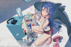 Rule 34 | 1girl, blu-ray cover, blue eyes, blurry, blurry foreground, blush, bottle, braid, breasts, can, cleavage, closed mouth, coca-cola, controller, copyright request, cover, depth of field, dolphin shorts, drink can, dualshock, electric fan, fingernails, french braid, from side, game controller, gamepad, gradient hair, hair ornament, hand fan, headphones, headphones removed, highres, holding, holding fan, hot, ice, ice cube, ikea shark, long hair, looking at viewer, medium breasts, milk carton, multicolored hair, nail polish, paper fan, pepsi, pink nails, pitcher (container), playstation controller, ponytail, purple hair, red pupils, refrigerator, shirt, shorts, smile, soda can, solo, spray bottle, squatting, stuffed animal, stuffed shark, stuffed toy, sweat, tied shirt, toenail polish, toenails, vofan, white shirt, wind chime