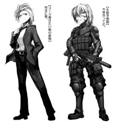 Rule 34 | 2girls, armor, assault rifle, boots, buckle, facepaint, formal, full body, greyscale, gun, hands in pockets, hetza (hellshock), kifa (hetza), knee pads, load bearing vest, looking at viewer, monochrome, multiple girls, nagai gojitsudan no nechronica, necktie, pant suit, pants, pointy ears, ponytail, pouch, rifle, short hair, simple background, snap-fit buckle, suit, trigger discipline, weapon, white background