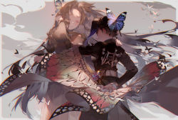 Rule 34 | 1girl, animal print, belt, blue butterfly, bug, butterfly, butterfly hair ornament, butterfly print, commentary request, hair ornament, haori, holding, holding sword, holding weapon, insect, japanese clothes, kawacy, kimetsu no yaiba, kochou shinobu, long hair, parted bangs, purple butterfly, siblings, sisters, sword, uniform, very long hair, weapon, white belt